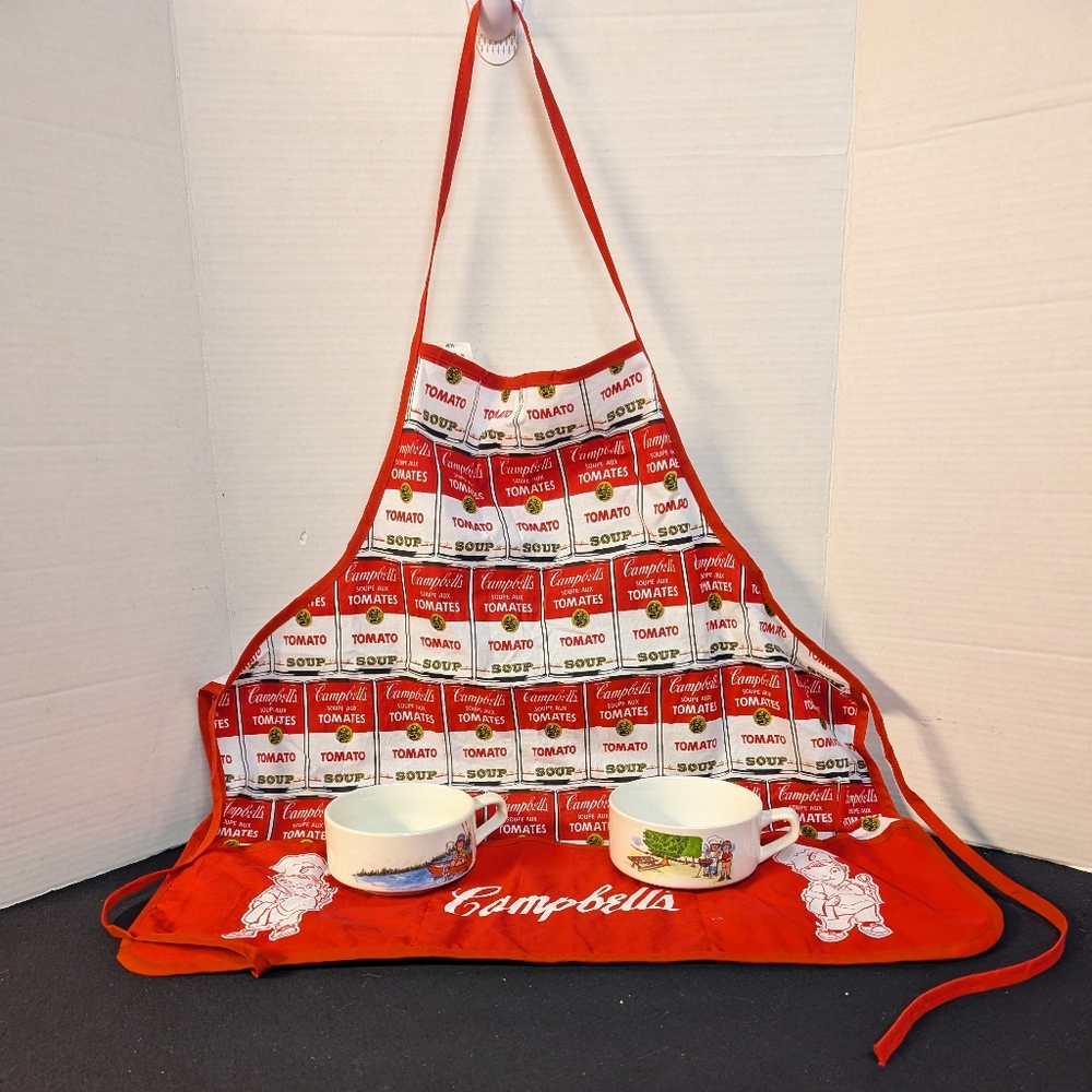 NWOT Vintage Campbell's Tomato Soup Can Promo Apron Red and 2 soup bowls